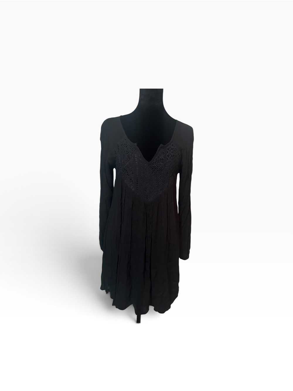 Purple Snow Black Long-Sleeve Crochet Yoke Tunic Dress